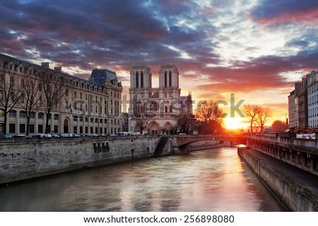 Notre Dame Cathedral at sunrise in Paris, France