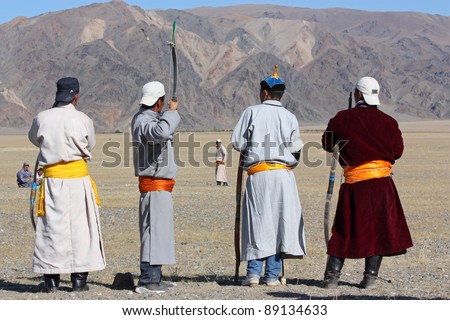 MONGOLIA - 25 JULY: The  Mongolians archers in traditional clothing during the festival of name \