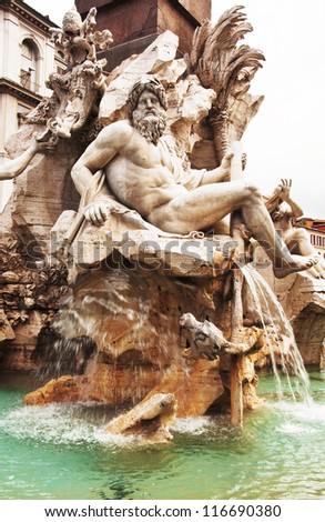 details fo the Fountain of the four rivers in Piazza Navona, Rome