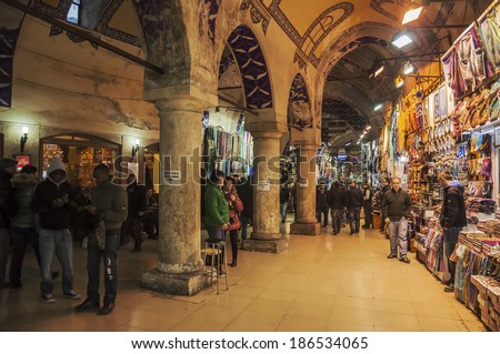ISTANBUL - FEBRUARY 11: people and shops inside the Grand Bazaar on February 11, 2013 in Istanbul, Turkey