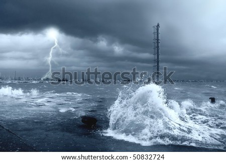 stormy sea with lightning and big waves