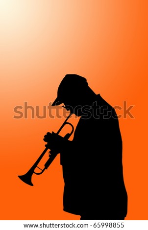 lone musician with trumpet isolated on orange