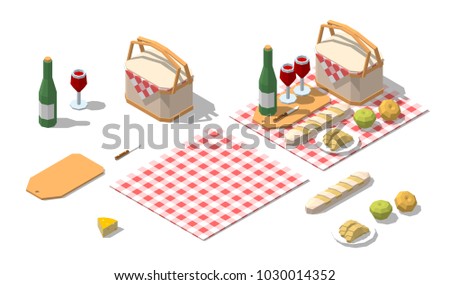 Isometric low poly picnic food set with basket, bottle wine, cheese, bread, knife, cloth. Vector illustration