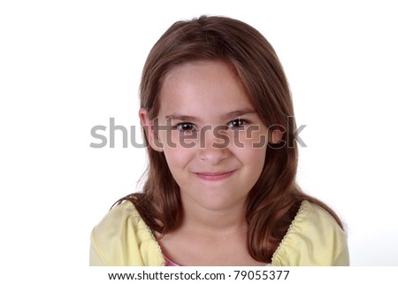 Studio Shot Of 7 Year Old Brunette Girl On White Background Stock Photo ...