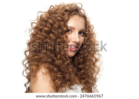 Similar – Image, Stock Photo Lovely curly woman with combed hair, keeps hand in pocket