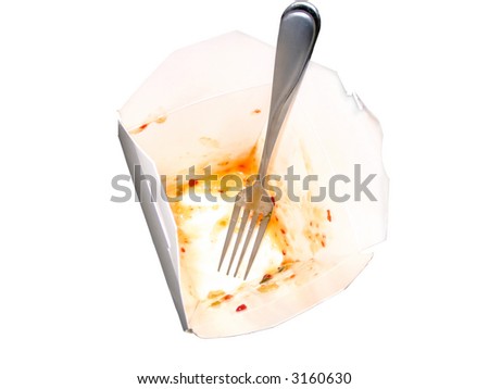 This is a down view of an empty Chinese food container with a fork and a remainder of what was inside. Isolated on white.
