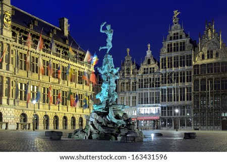 Evening view of the City Hall, Brabo fountain and Houses of Guilds on the Great Market Square of Antwerp, Belgium