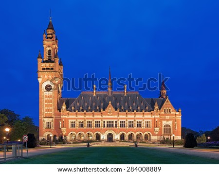 The Peace Palace at evening in The Hague, Netherlands. It houses the International Court of Justice of UN, the Permanent Court of Arbitration and the Hague Academy of International Law.