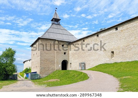 STARAYA LADOGA, RUSSIA - JUNE 11, 2015: The Gate Tower of the Staraya Ladoga Fortress. The fortress was founded by the Varangian prince Rurik in 862. Since 1971 the fortress is an open-air museum.