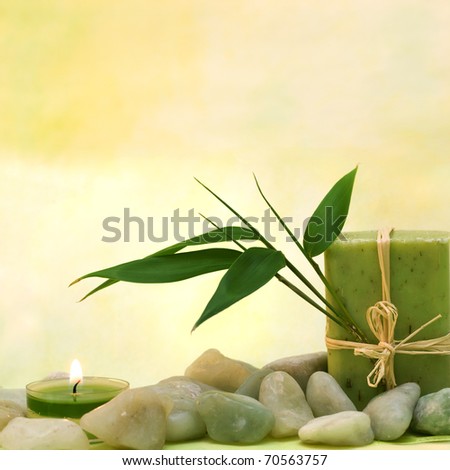 Background of wellness products with herbal soap and a ribbon