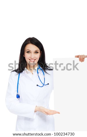 medical doctor woman smile with stethoscope hold blank card board showing hand something on the open palm, concept of advertisement product, empty copy space. Isolated over white background