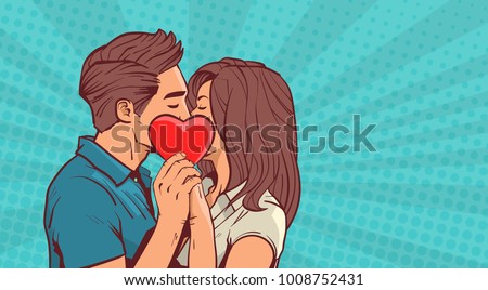 Young Couple Kissing Hollding Red Heart Shape Over Retro Pop Art Background With Copy Space Vector Illustration