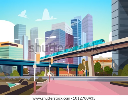 Modern City Panorama With High Skyscrapers And Subway Cityscape Background Flat Vector Illustration