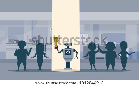 Successul Robot Standing In Spot Light Holding Golden Cup Winner Artificial Intelligence Concept Flat Vector Illustration