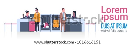 Airport Workers On Counter Checking In Male Passengers, Departures Board Concept Flat Vector Illustration