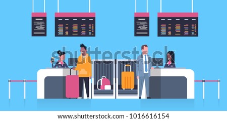 Check In Airport With Stuff Workers On Counter And Male Passengers With Luggage, Departures Board Concept Flat Vector Illustration