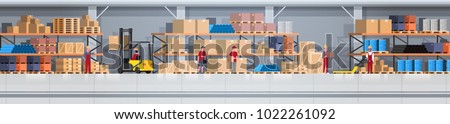 Warehouse Interior Box On Rack And People Working. Logistic Delivery Service Concept Horizontal Banner Flat Vector Illustration