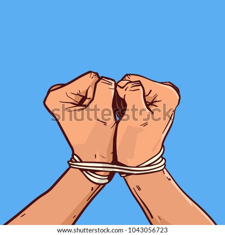 Hands Tied With Rope Isolated Colorful Sketch On Blue Background Vector Illustration
