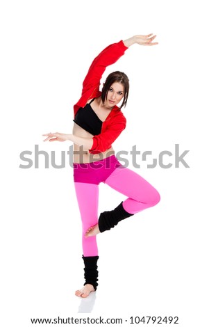 girl dancing hip-hop, modern dance, break dancing, wearing red and black sportswear clothing, studio series, isolated over white background. series photo