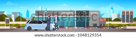 Purchase Sale Or Rental Center Seller Man Giving Keys To Owner Car Showroom Background Horizontal Banner