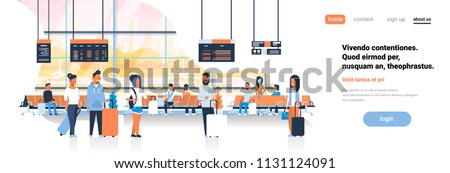 man woman waiting takeoff in airport hall departure lounge passengers terminal check interior flat banner copy space vector illustration