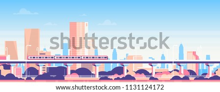 Subway over city skyscraper view cityscape background skyline flat banner vector illustration