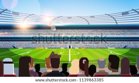 empty football stadium field silhouettes of fans waiting match rear view flat horizontal vector illustration