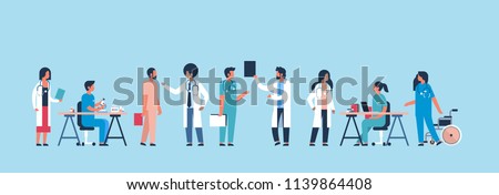 group doctors hospital communication making scientific experiments diverse medical workers blue background flat banner vector illustration