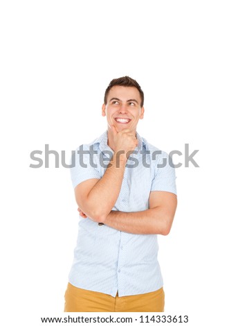 handsome excited man happy smile think looking up to empty copy space, young guy wear shirt, white teeth, isolated over white background