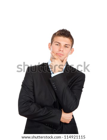 Handsome young business man happy smile, businessman hold hand on chin, wear elegant suit and tie isolated over white background