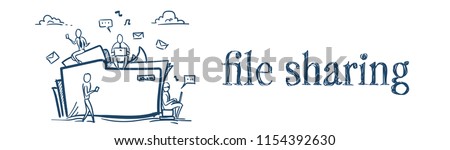 Cloud data storage folder file sharing service concept businesspeople working together over white background sketch doodle banner vector illustration