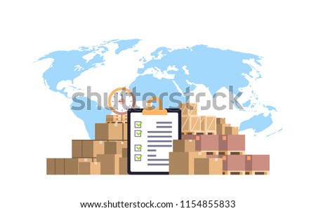 completed checklist clipboard parcel packages paper box blue world map background international delivery industrial concept flat horizontal vector illustration