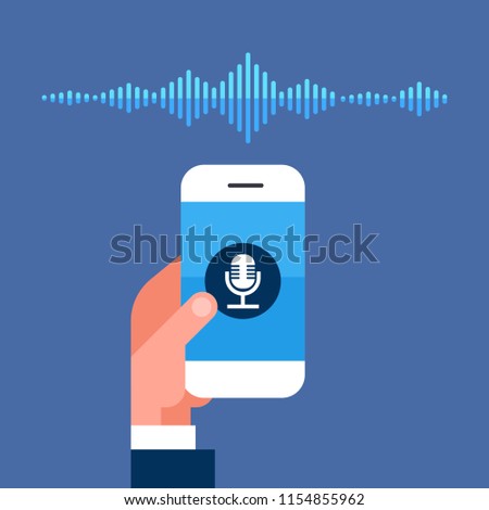 hand hold phone app intelligent voice personal assistant recognition sound waves technology concept smart ai speaker artificial intelligence speech flat vector illustration