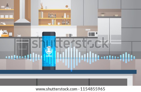 Home intelligent voice activated assistant recognition technology concept kitchen interior background smart ai speaker hi tech futuristic artificial intelligence speech horizontal flat vector