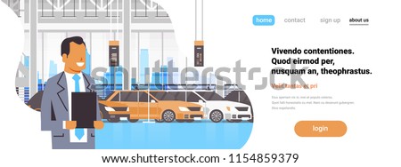 Seller man cars dealership center showroom interior over set new modern vehicles horizontal banner flat copy space vector illustration