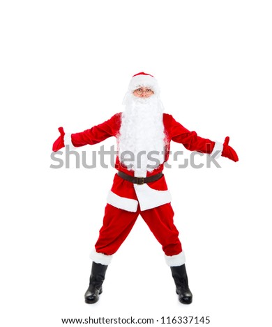 Santa Claus hold wide open palm gesture full length portrait with raised gloves hands arms, isolated on white background, merry christmas time and happy new year