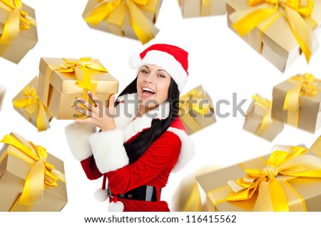 young happy smile woman wear santa clause costume hold gift box, attractive christmas new year party girl happy smile present golden gift box fall fly around, isolated over white background