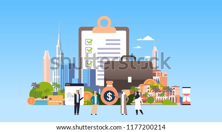 arabic people checklist survey investment property business concept money graph buildings finance investments horizontal flat vector illustration