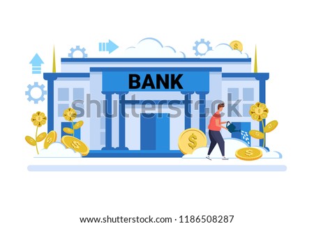 businessman watering dollar plant growth wealth investment concept bank building exterior background male cartoon character full length flat vector illustration