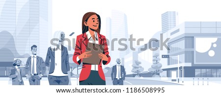 businesswoman team leader boss stand out business people group individual leadership concept female cartoon character portrait cityscape background horizontal banner flat vector illustration