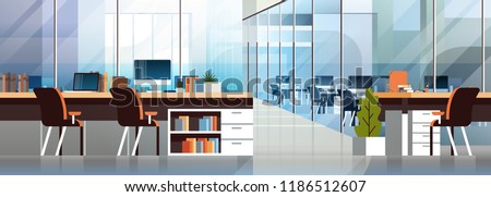 Coworking office interior modern center creative workplace environment horizontal banner empty workspace flat vector illustration