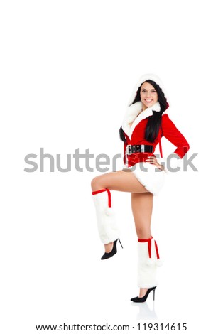 Christmas santa girl go for walk make step side, woman new year clause costume happy smile, full length portrait isolated on white background