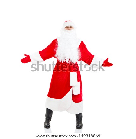 Santa Claus hold wide open palm welcome gesture full length portrait with raised gloves hands arms, isolated on white background, merry christmas time and happy new year