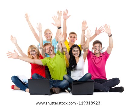 Group of excited people happy teenagers. Sitting Smile. Hands arms up. sit Isolated white background, front view. Full length Portrait of happy young students celebrating success