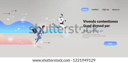 business man and robot competing run to finish line artificial intelligence technology competition concept flat horizontal copy space vector illustration
