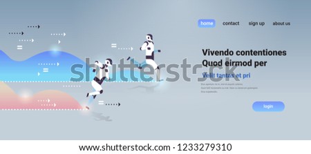 two modern robots running artificial intelligence technology competition concept flat horizontal copy space vector illustration