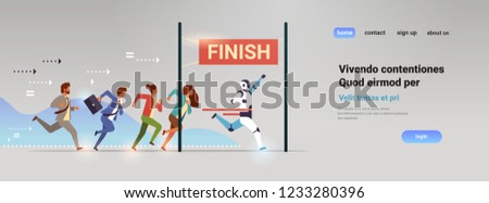 Business people group and robot competing run to finish line artificial intelligence technology win concept flat horizontal vector illustration