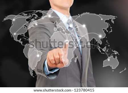 Businessman point finger world map touching on digital connection background futuristic communication interface