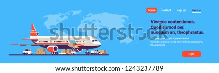 Transport airplane express delivery preparing flight. aircraft airport air cargo. International transportation concept. World map with background copy space. flat horizontal banner vector illustration