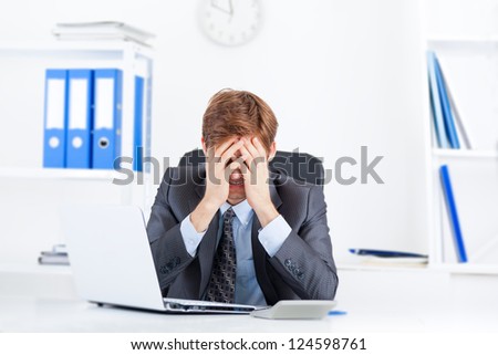 business man working problem, hold head hand cover face pain, ache, businessman tired, overworked sitting at the desk stress, at office
